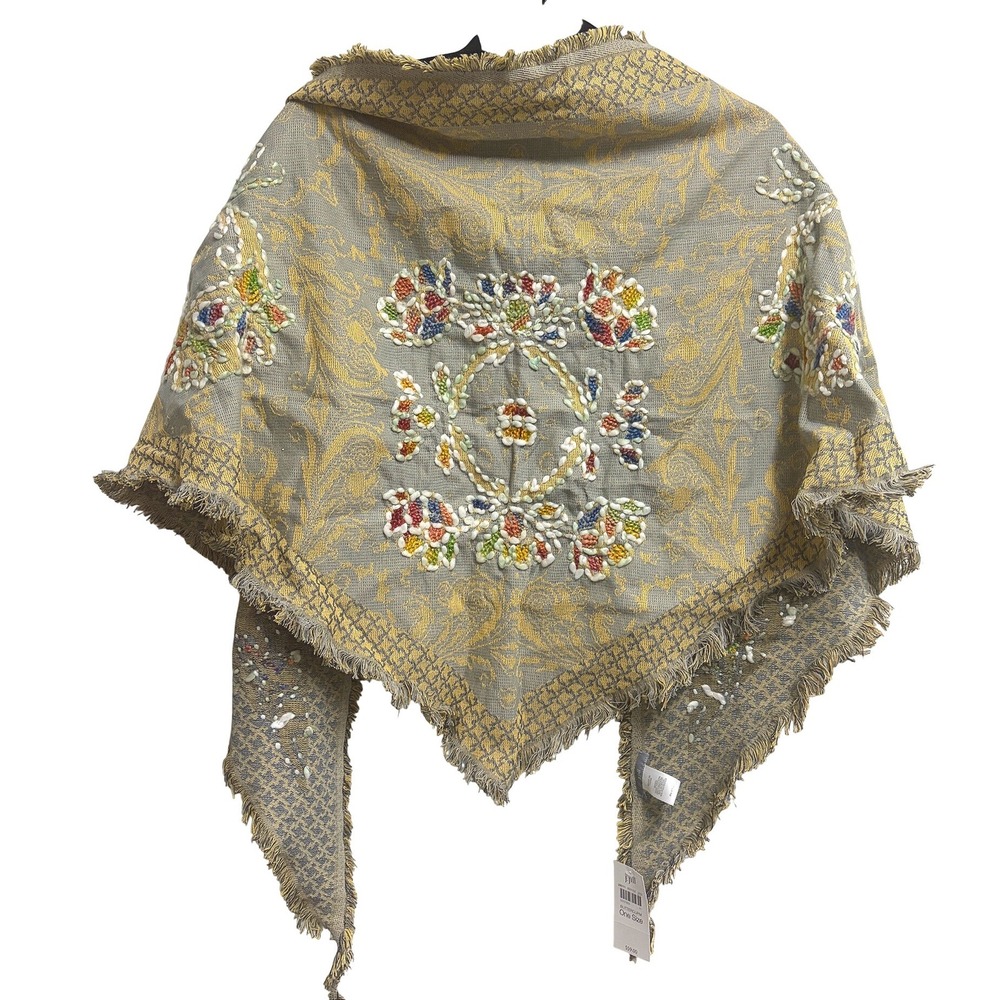 J.Jill Buttercup Embroidered Shawl Gray Yellow Floral Fringed Wrap OS NEW